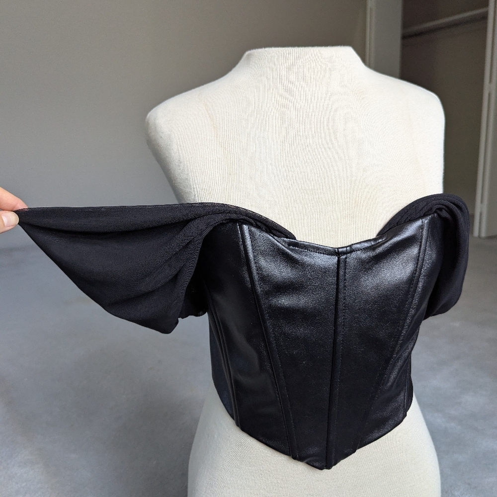 L'Vow Women Sheer Sleeve Faux Leather Bustier